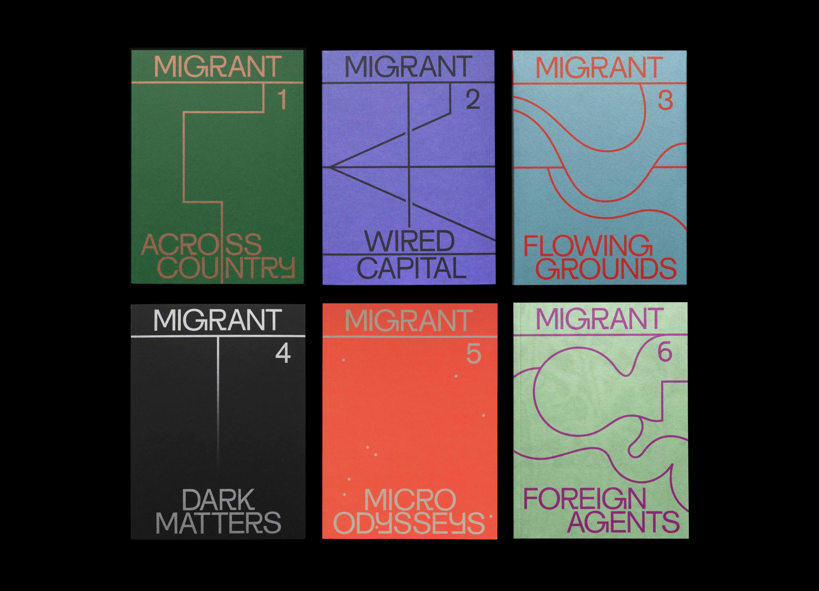 <p>Covers of Migrant Journal, issues 1–6. © Offshore.</p>