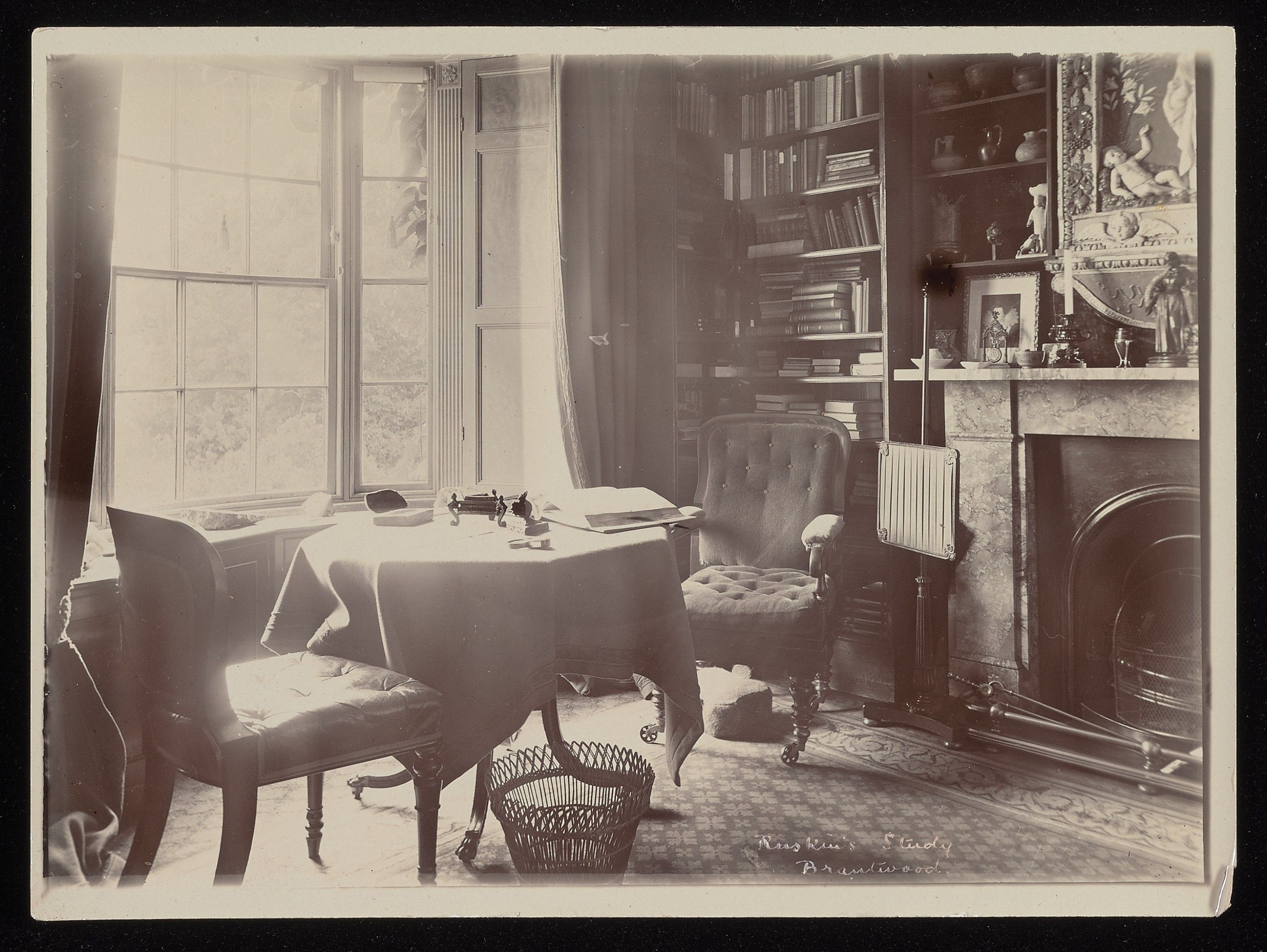 <p>Photographic print of Ruskin’s study at Brantwood. Ruskiniana: pamphlets, biographical and critical, not dated. Beinecke Rare Book and Manuscript Library, Yale University.</p>