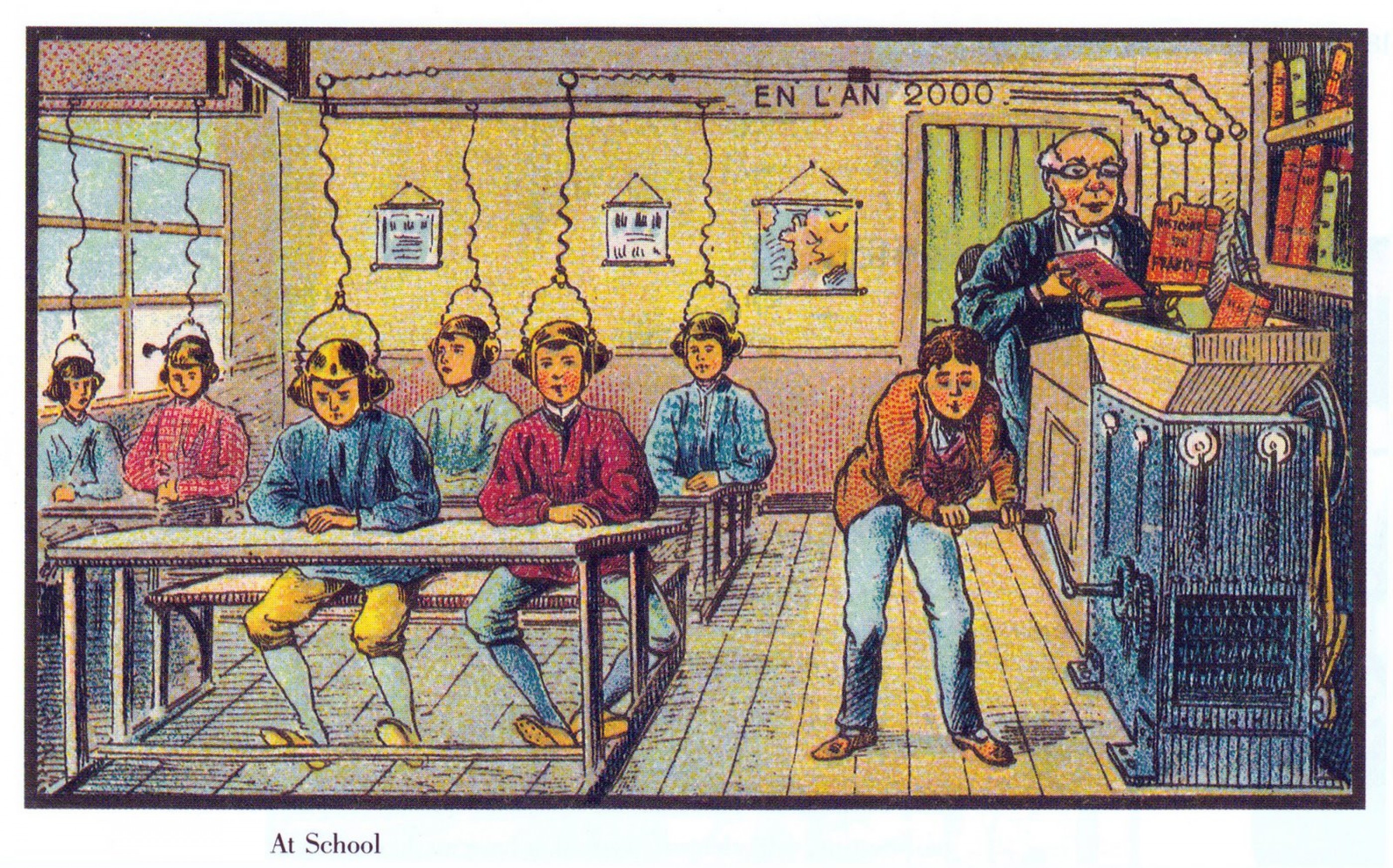Fig. 1: Jean Marc Cote (if 1901) or Villemard (if 1910), “France in 2000 year (XXI century). Future school.” France, paper card.