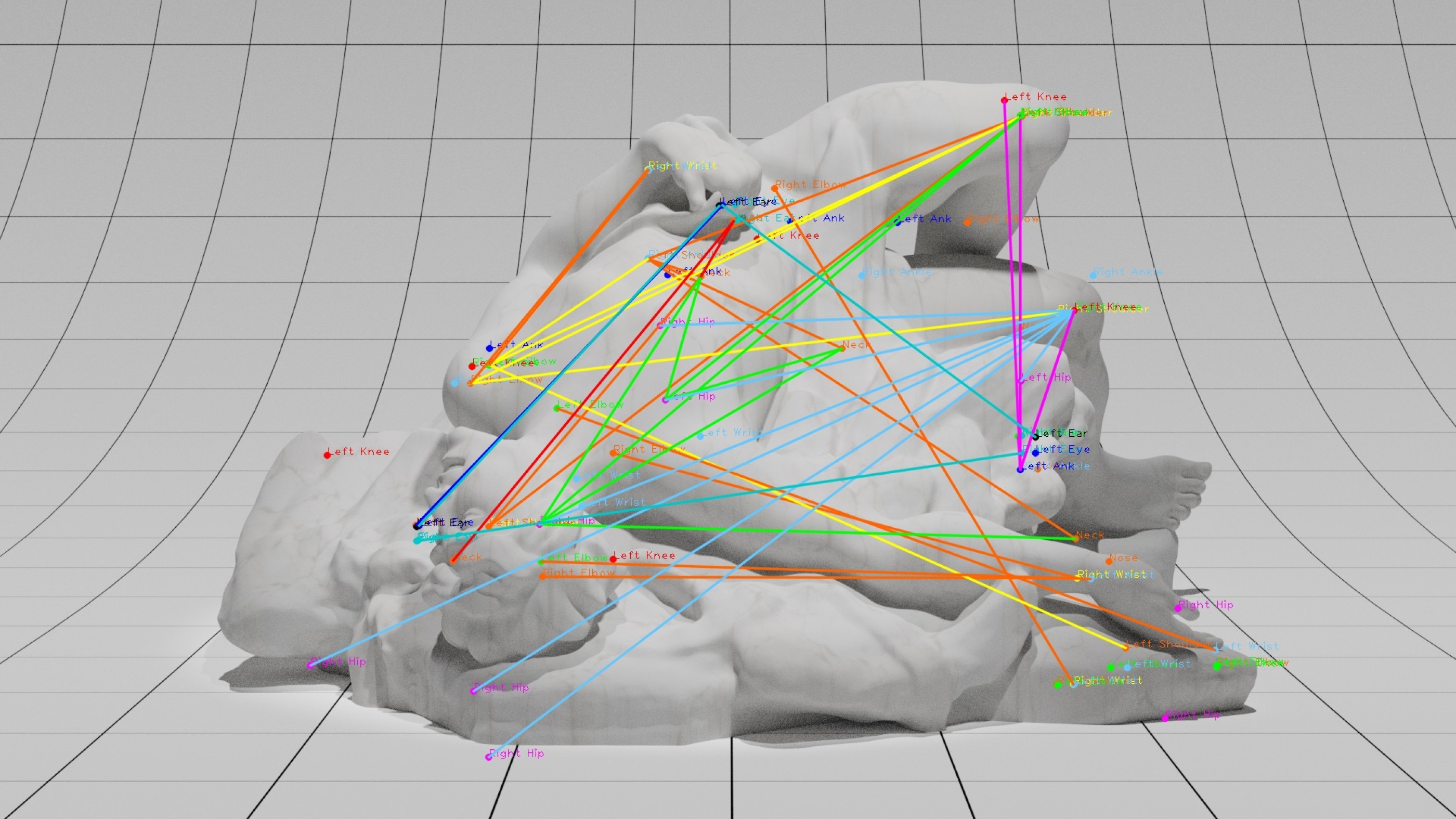Figure 1: The Fall of Icarus with human pose detection keypoints. © Adam Harvey 2021. Based on a 3D model by Scan the World.