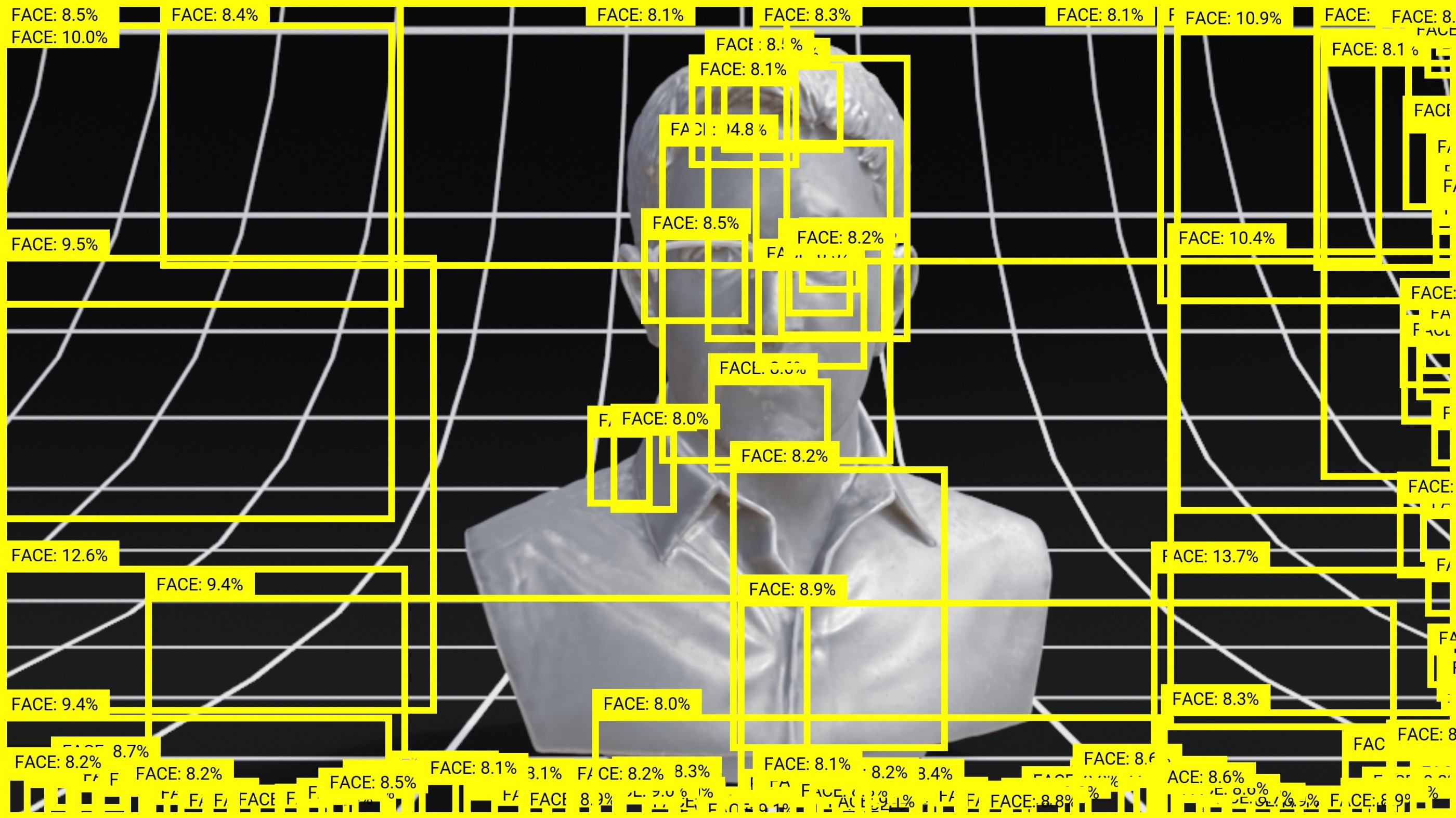 Figure 2: Face detection with 0% thresholding using a Single Shot Detector (SSD) face detection neural network. There is no truth face detection, only probabilities and thresholds. Created using VFRAME computer vision toolkit. Image: © Adam Harvey 2021